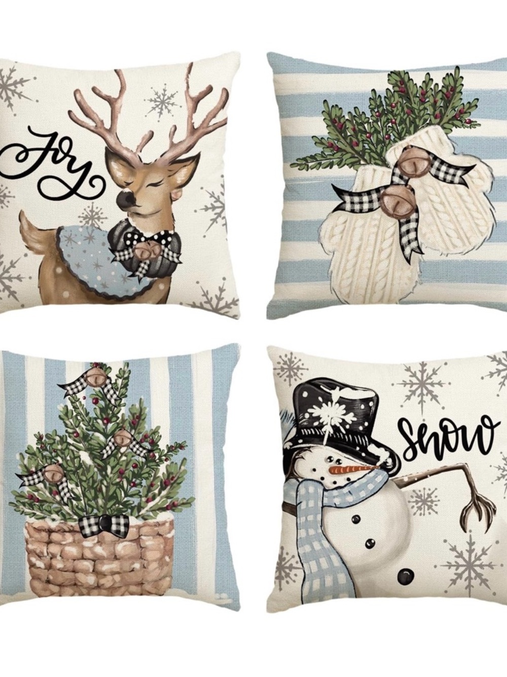Holiday Winter Pillow Covers Set - Blue & Cream
